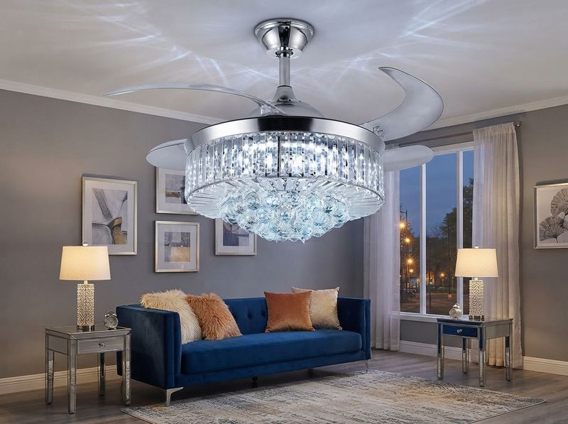 Warm crystal fandelier lit over a set dining table