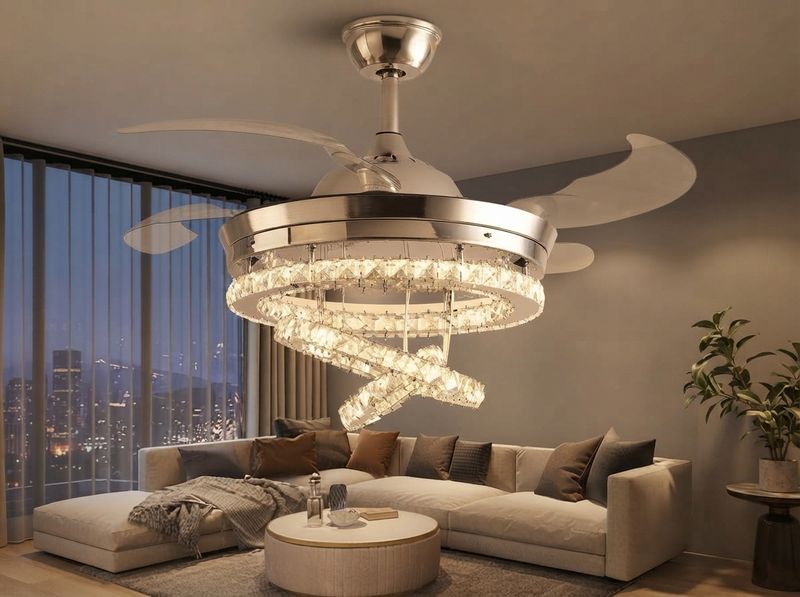 Crystal fandelier lit above a bed at night