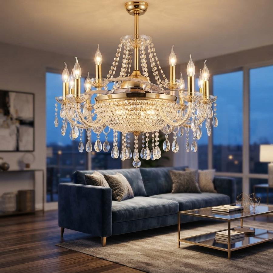 Gold-frame candle chandelier in a two-story entry