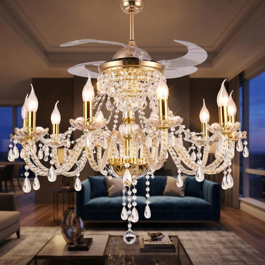 Gold K9 crystal candle chandelier above a dining table